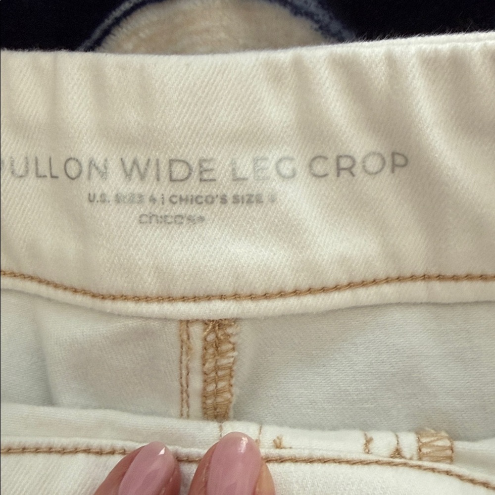 Chicos White Pull On Wide Leg Crops with Gold Jeweled Embroidery at Pants Hem. 4 - Picture 9 of 14